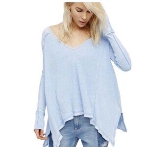 Free People Blue Thermal Top Women's Oversized S Waffle Knit Flowy Blouse